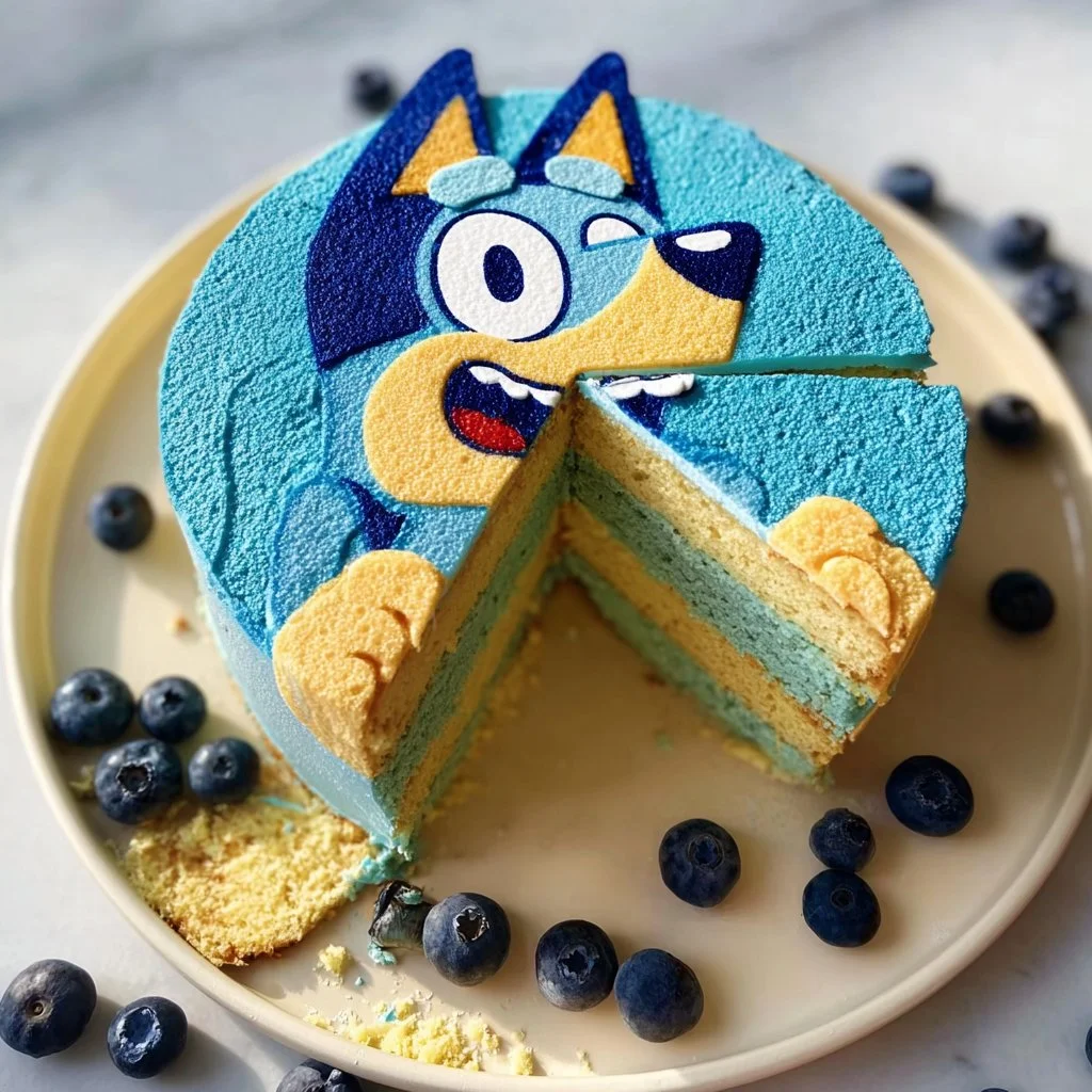 Pastel de esponja Bluey decorado con colores vibrantes y detalles adorables.