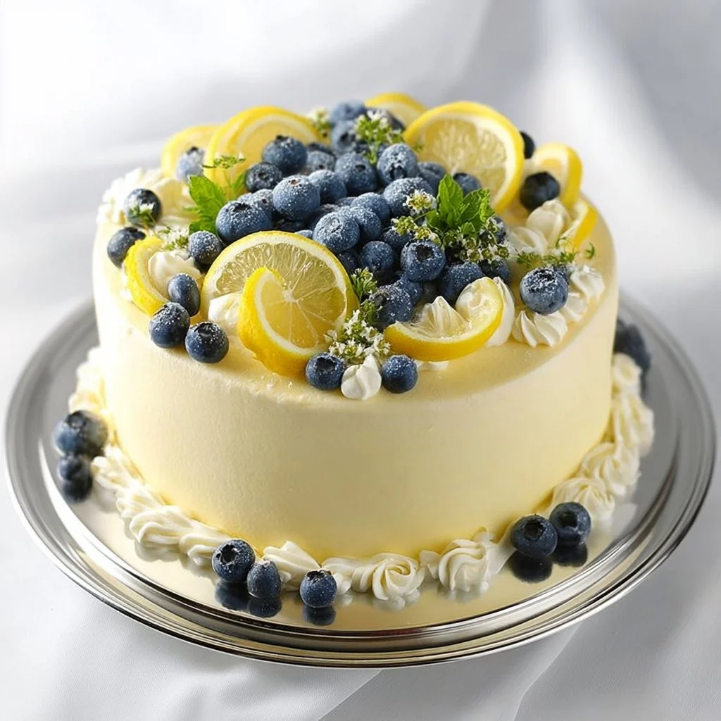Pastel de Limón y Arándano decorado con frutas frescas