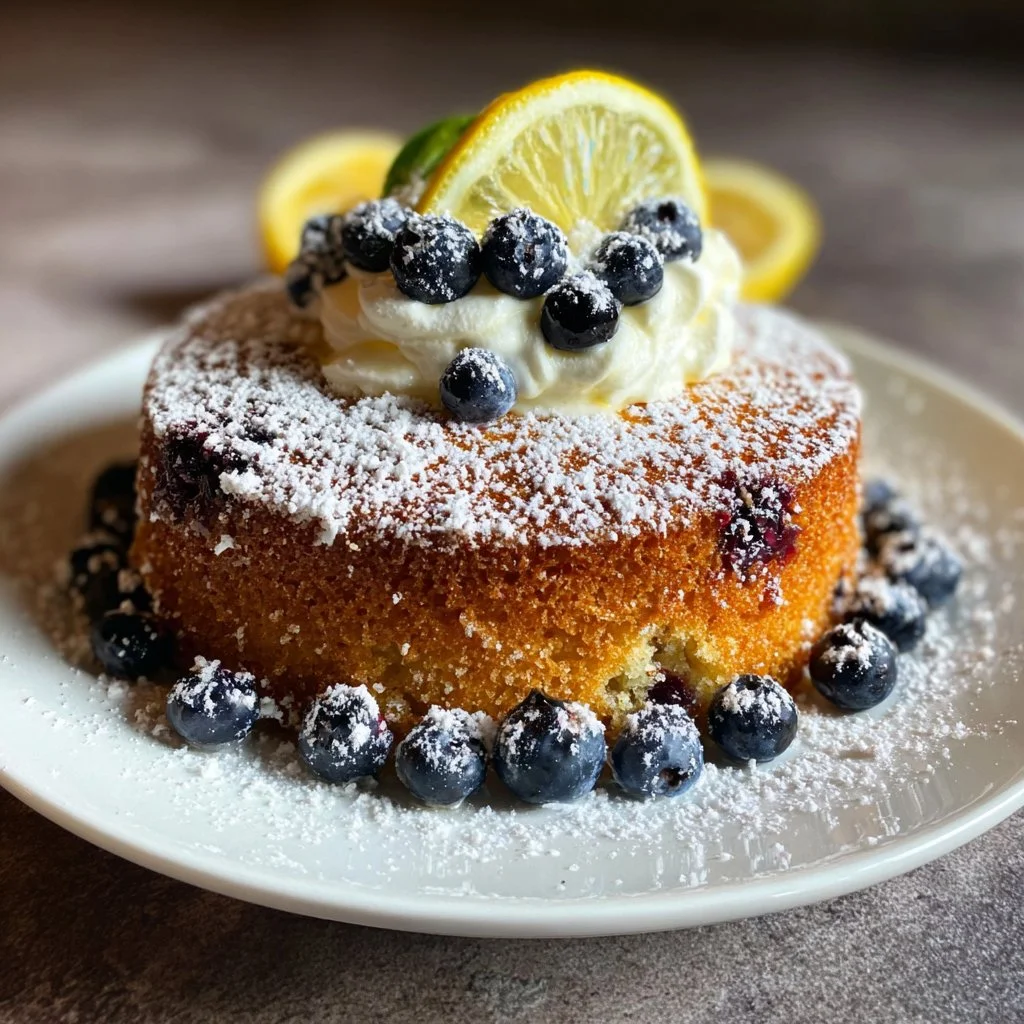 Pastel de Limón y Arándanos con decoración de frutas.