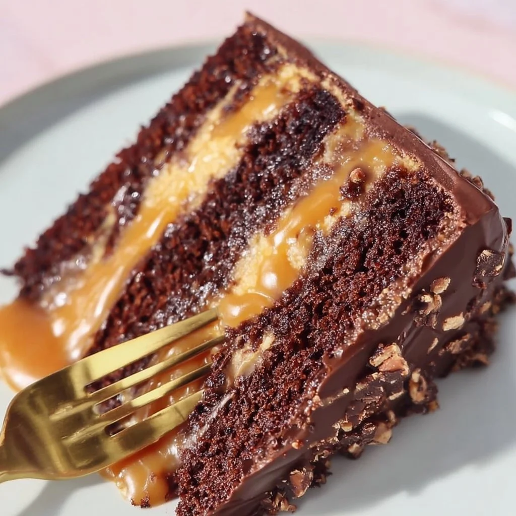 Delicioso pastel de Snickers de chocolate decorado con nueces y caramelo.
