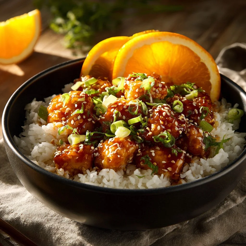 Plato de Pollo a la Naranja servido con guarnición