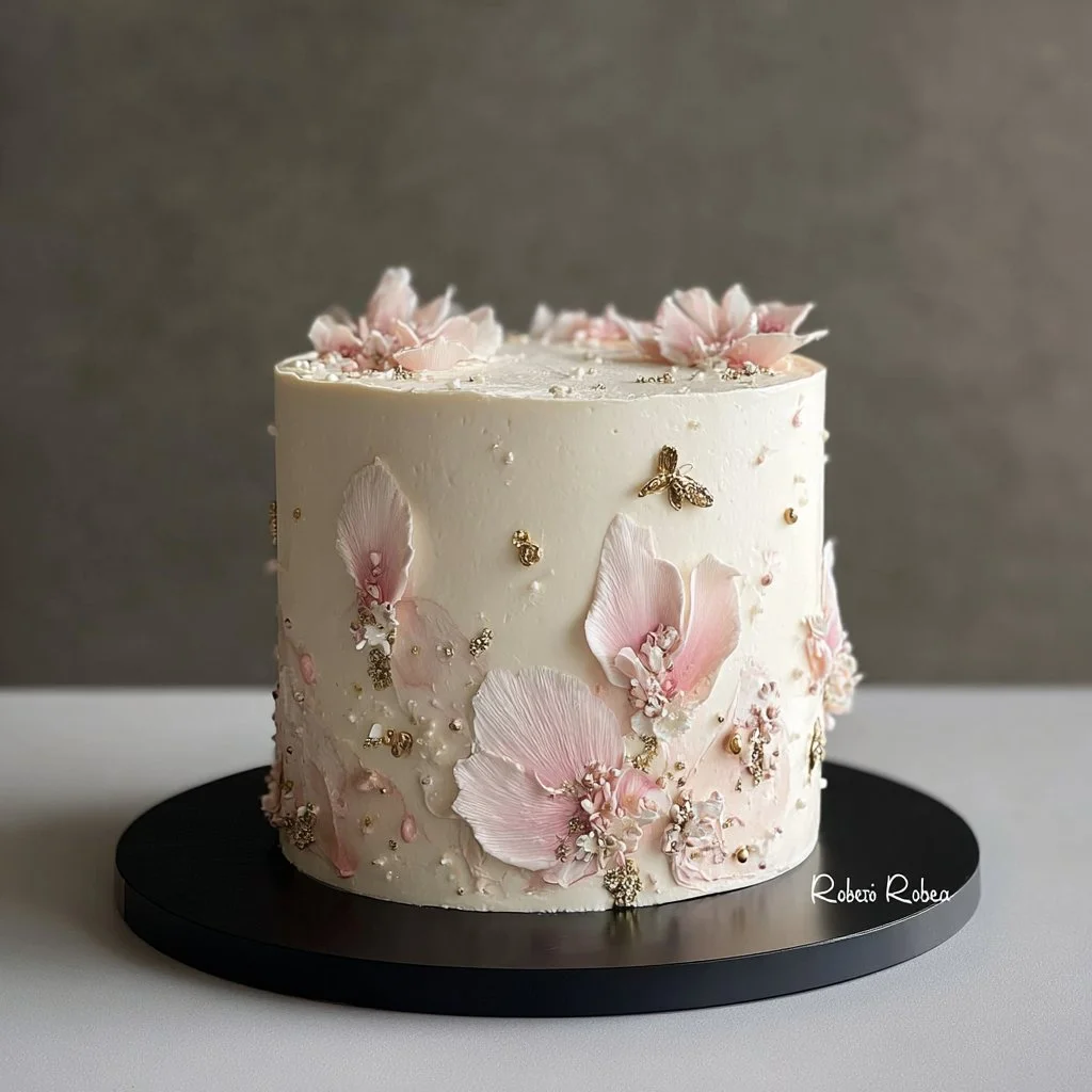 Pastel de boda decorado con pétalos de rosa y un diseño natural y elegante.
