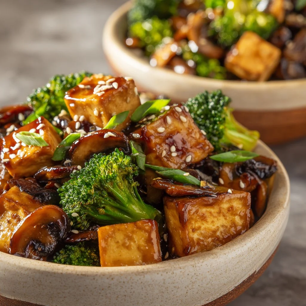 Delicioso salteado de champiñones y tofu en un plato colorido y apetitoso.