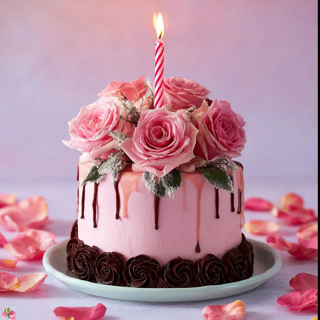 Torta con glaseado rosa decorativa en una mesa de postres