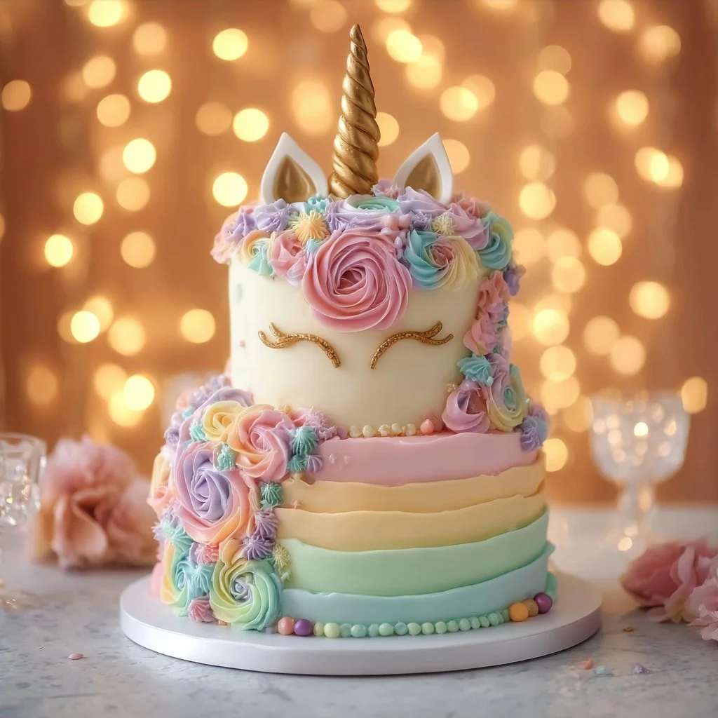 Tarta de Unicornio Pastel decorada con colores vibrantes y detalles mágicos.