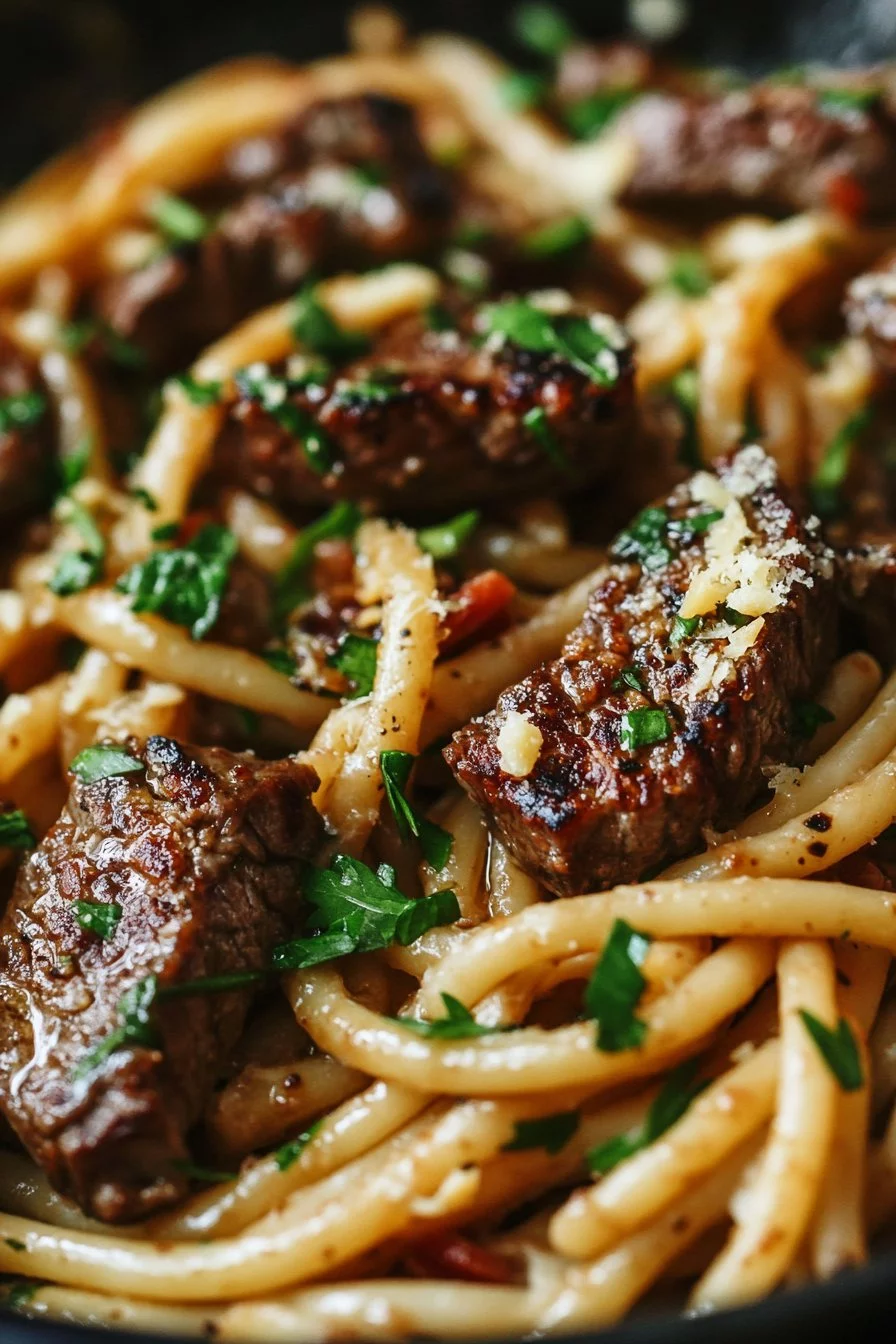 Pasta de bistec con ajo picante y mantequilla parmesana