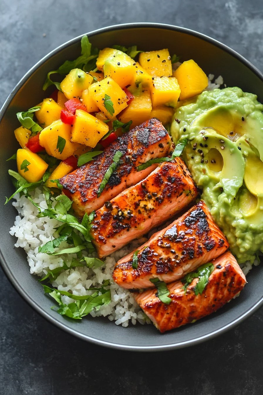 Tazones de Salmón a la Parrilla con Salsa de Mango y Aguacate