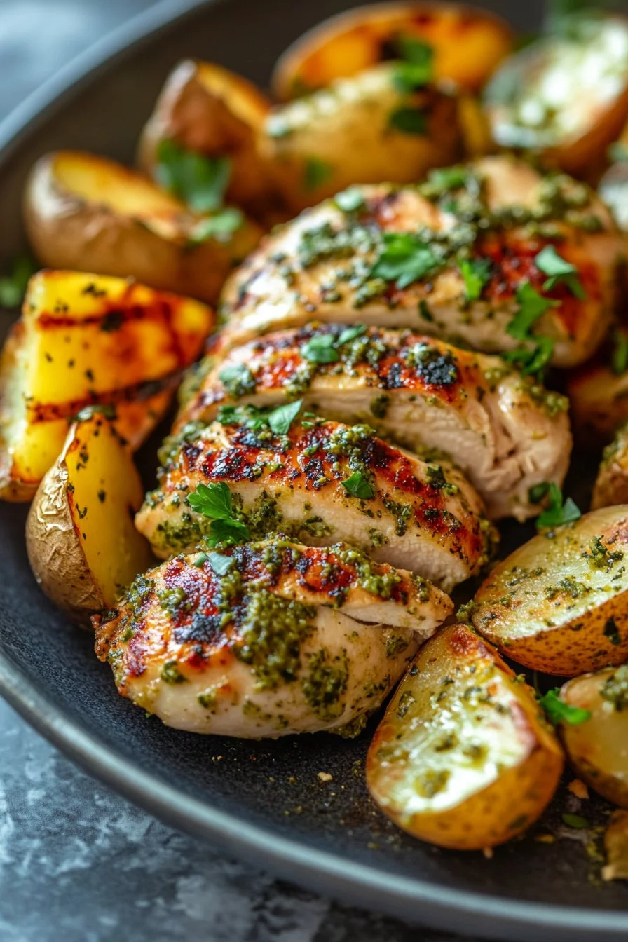 Pollo a la parrilla con hierbas cargadas, pasta cremosa de pesto y papas asadas