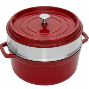 STAUB Round Cocotte with Steam Basket, 5.2 l, Cast Iron, Cherry Red, 26 cm