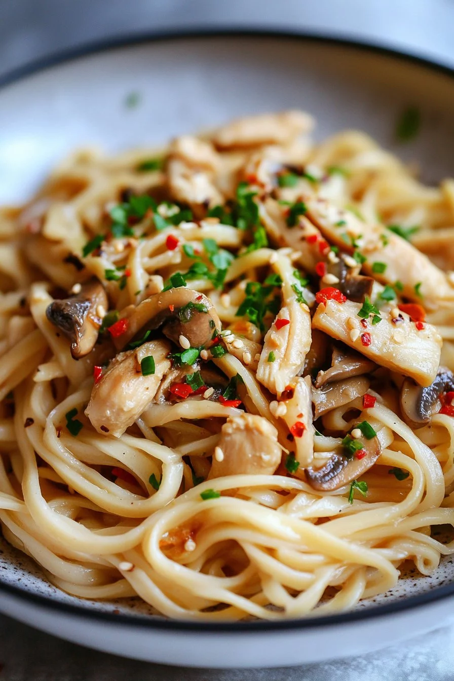 Frescos noodles con setas enoki y pollo