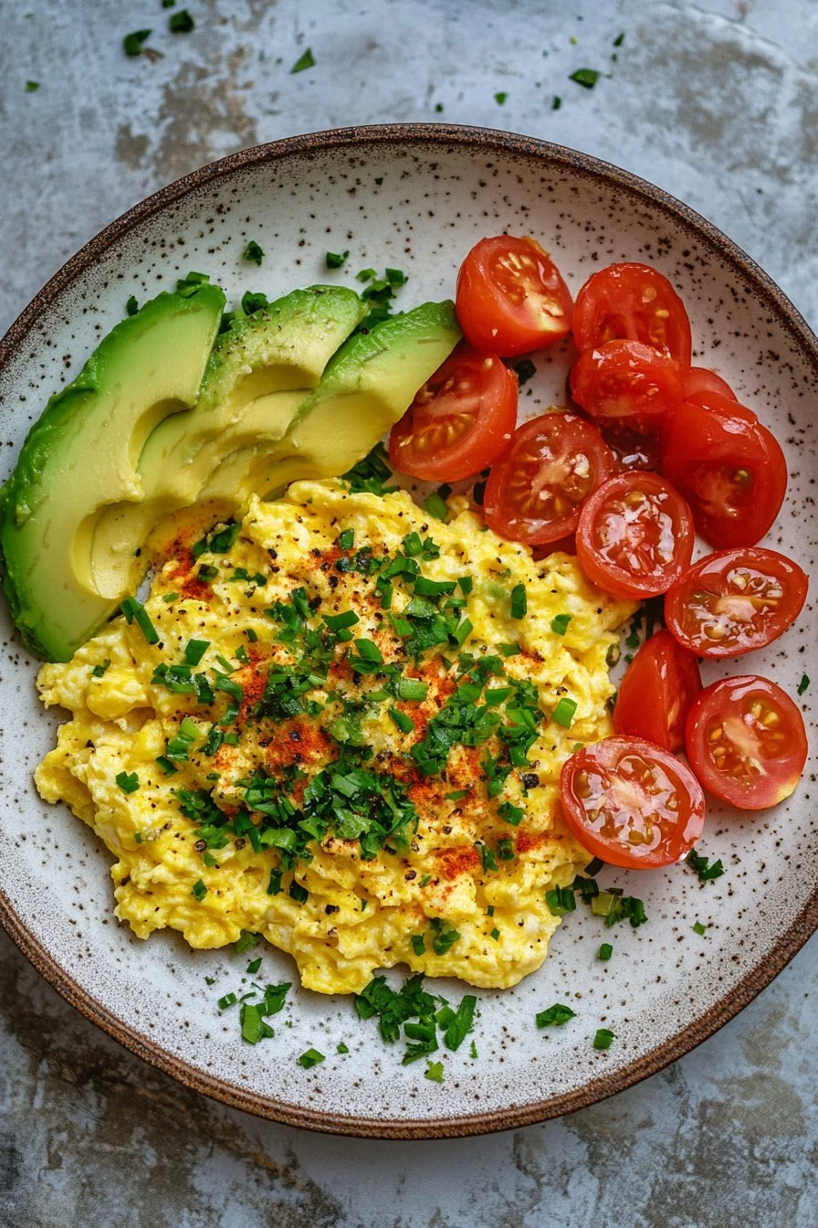 Huevos Revueltos con Aguacate y Tomate