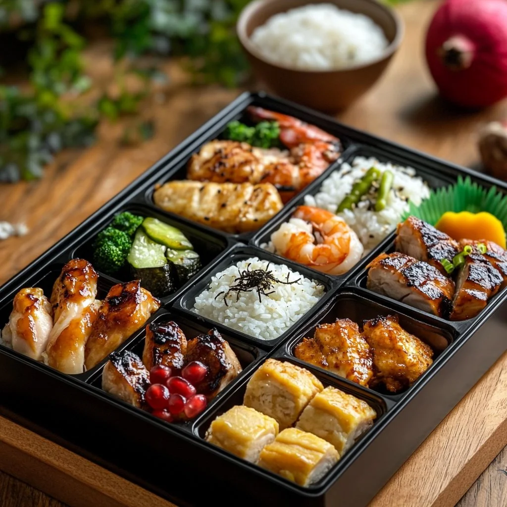 Caja bento con almuerzo saludable y colorido.