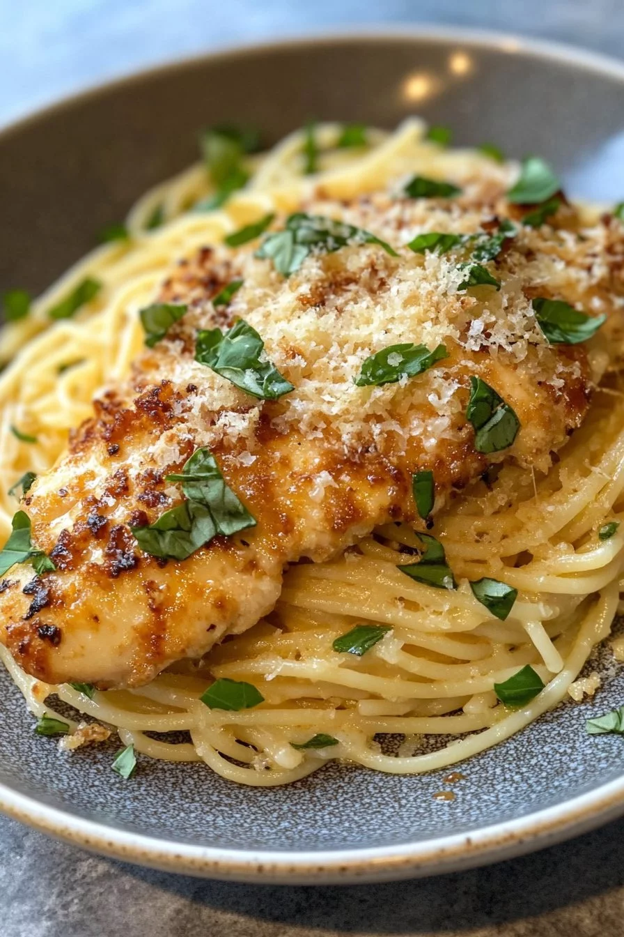 Pollo al ajo y parmesano con pasta