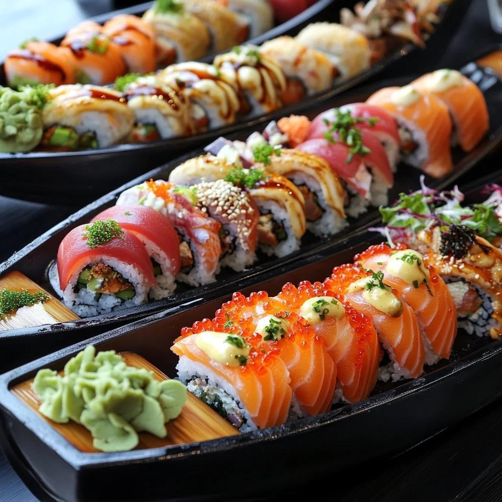 Barca de Sushi con variedad de rolls y sashimi fresco