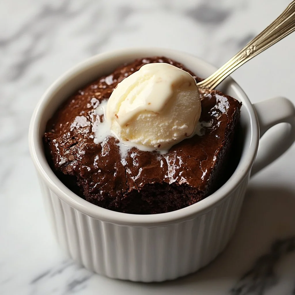 Brownie de chocolate en taza recién preparado, ideal para antojos dulces.