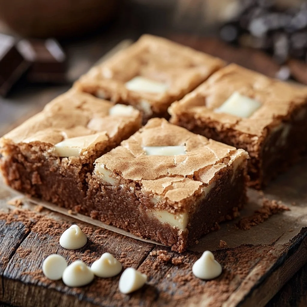 Brownies de chocolate blanco recién horneados en un plato.