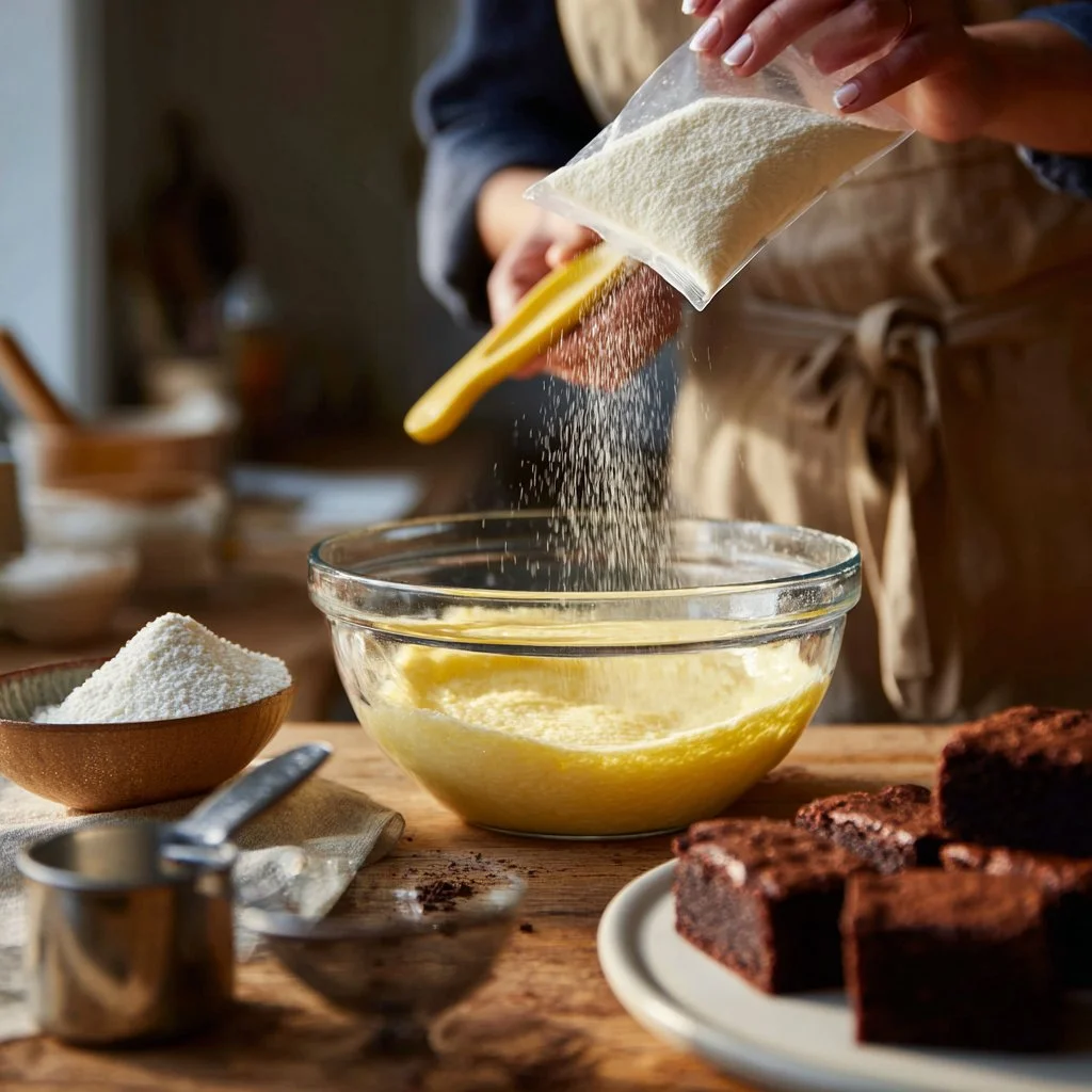 Deliciosos brownies de mochi recién horneados con un toque de chocolate