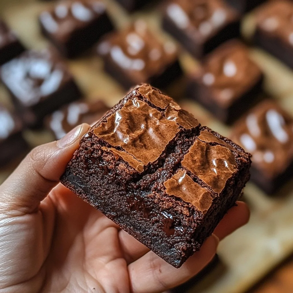 Brownies fudgy ricos sobre una placa decorativa con chocolate derretido.