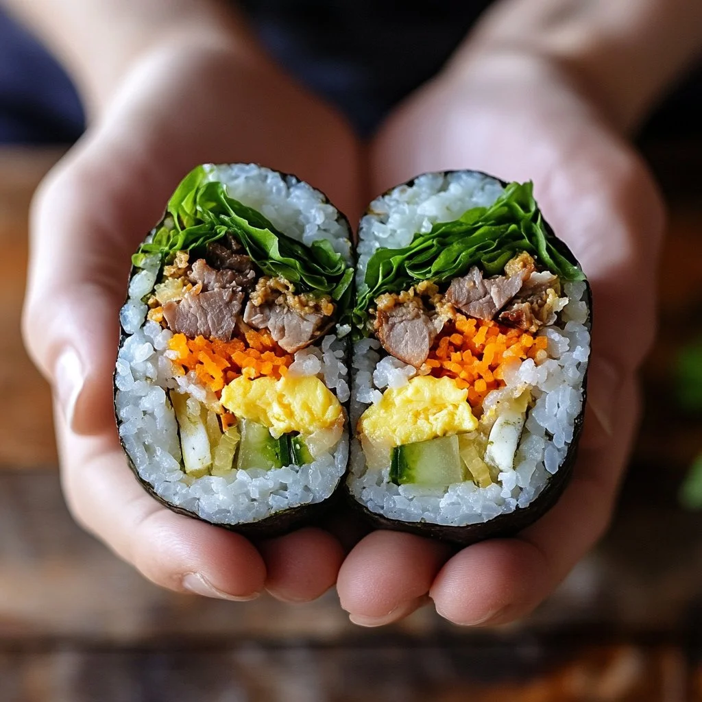 Bulgogi kimbap con arroz, carne marinada y vegetales en alga