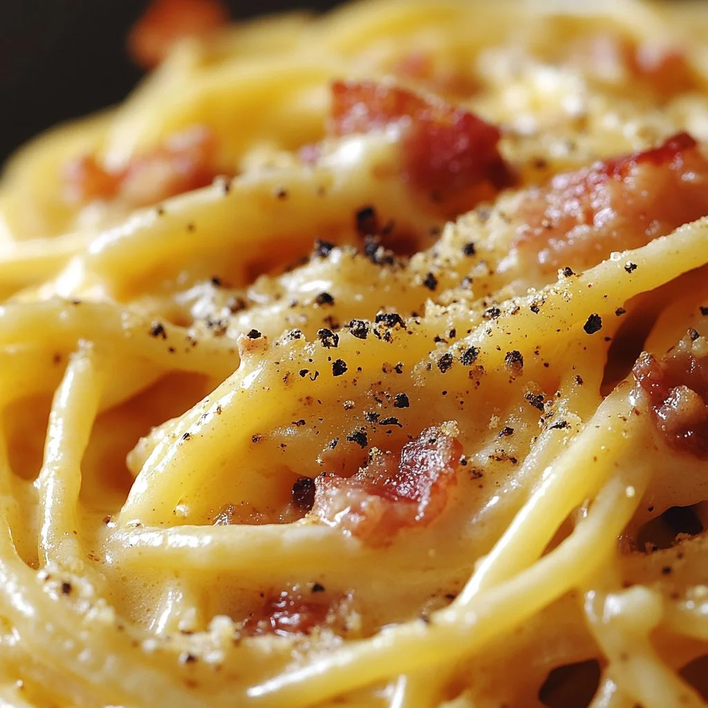 Plato de Carbonara Italiana Clásica con Tocino servida en un tazón.