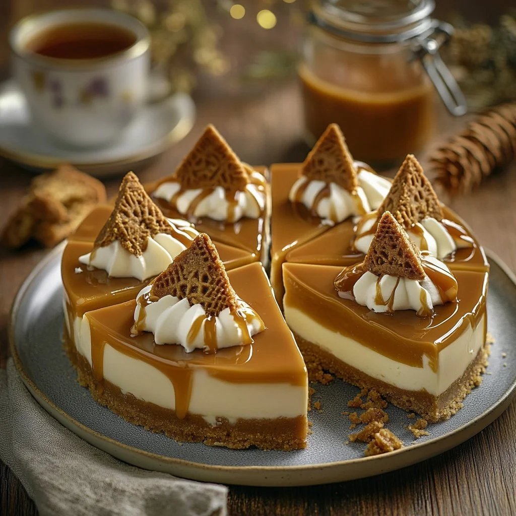 Cheesecake de speculoos con una base crujiente y cobertura cremosa.