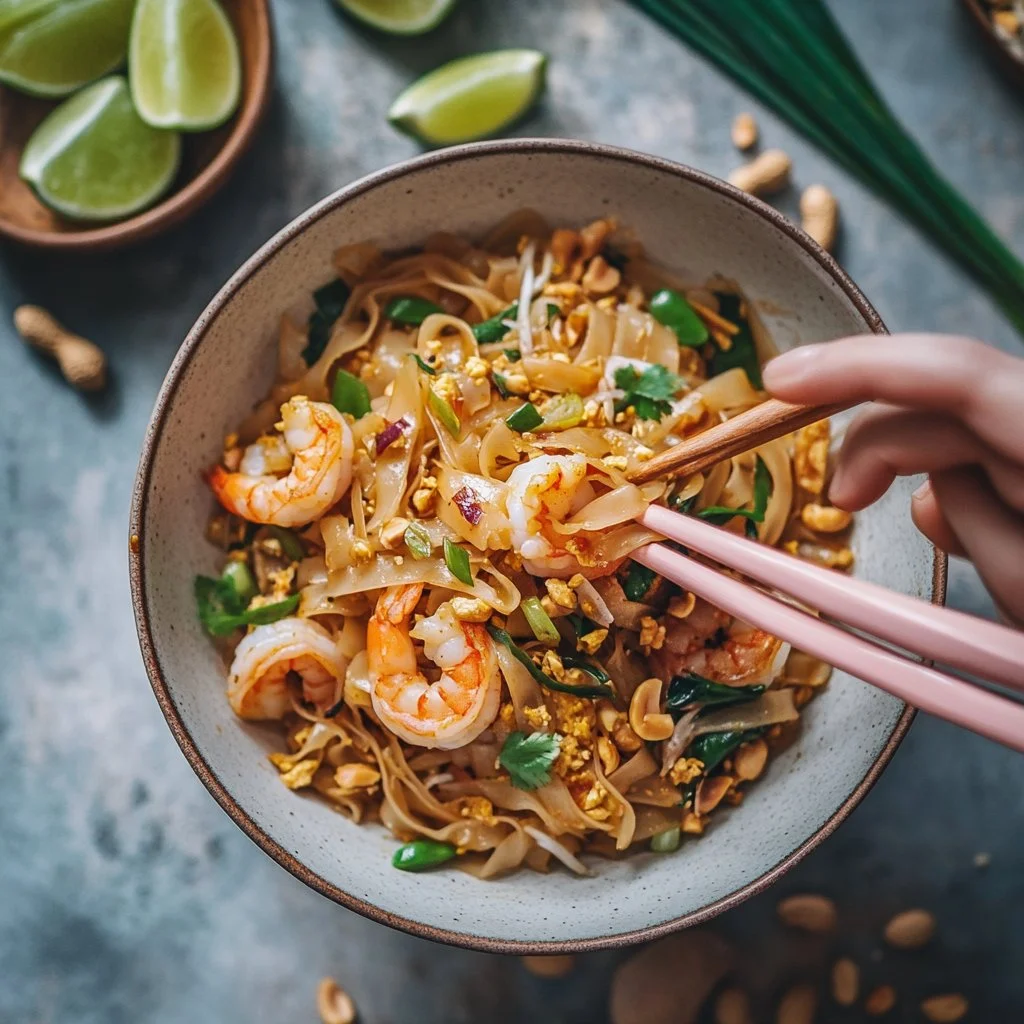 Plato de comida callejera tailandesa clásica servido en un mercado local.