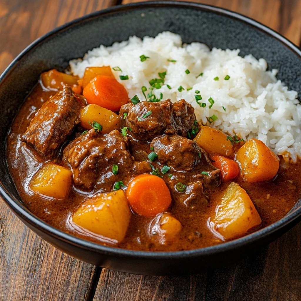 Curry Japonés de Res servido en un plato con arroz y vegetales