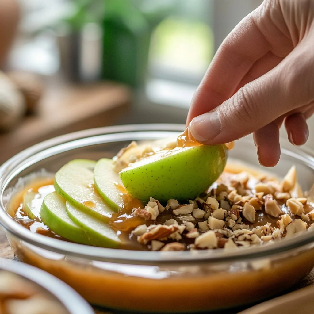 Dip de manzana caramelizada con queso crema en un tazón