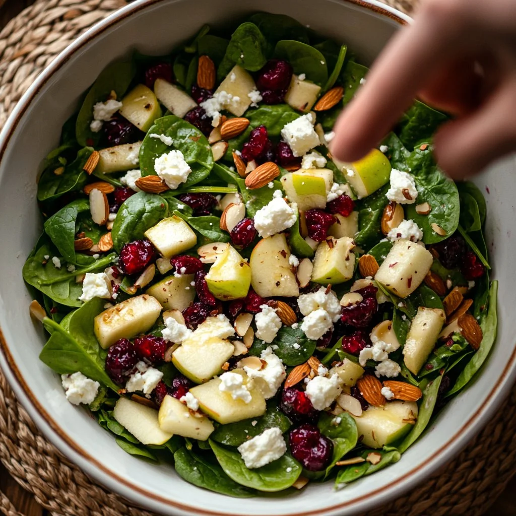 Ensalada de espinaca con manzana, nueces y aderezo ligero en un plato atractivo