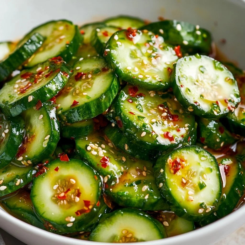 Ensalada de pepino asiática fácil y refrescante servida en un plato