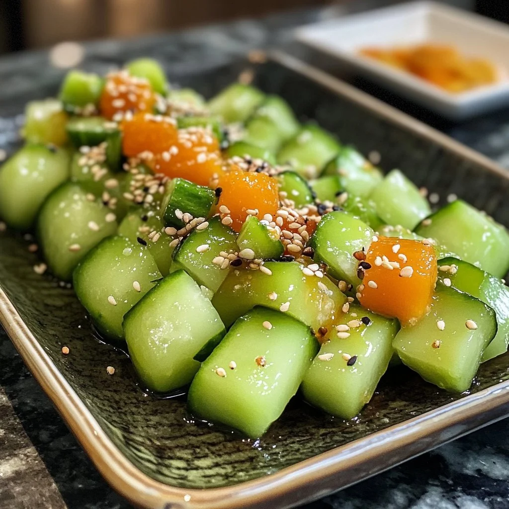 Ensalada de pepino sushi presentada en un plato colorido.