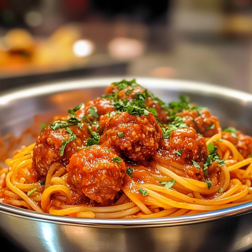 Plato de espaguetis con albóndigas en salsa roja