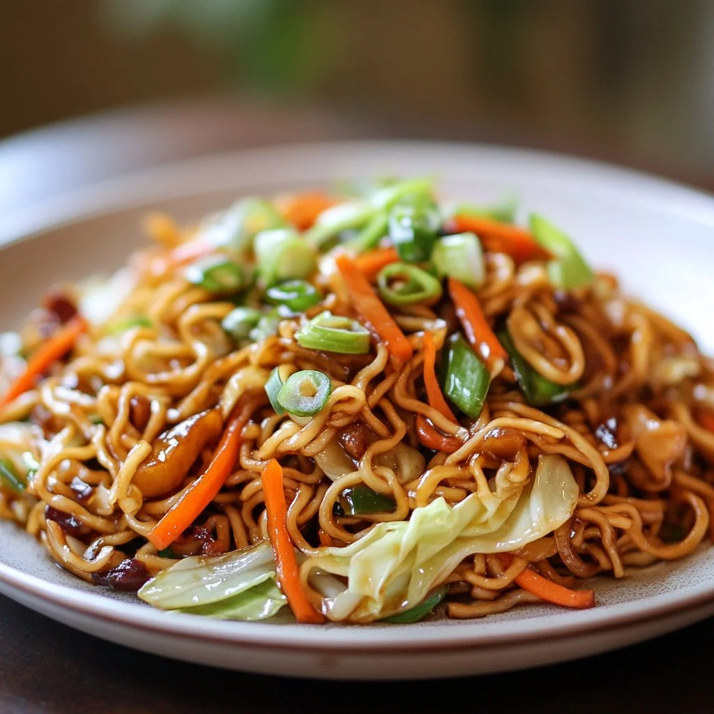 Plato delicioso de Lo Mein preparado en 15 minutos con ingredientes frescos