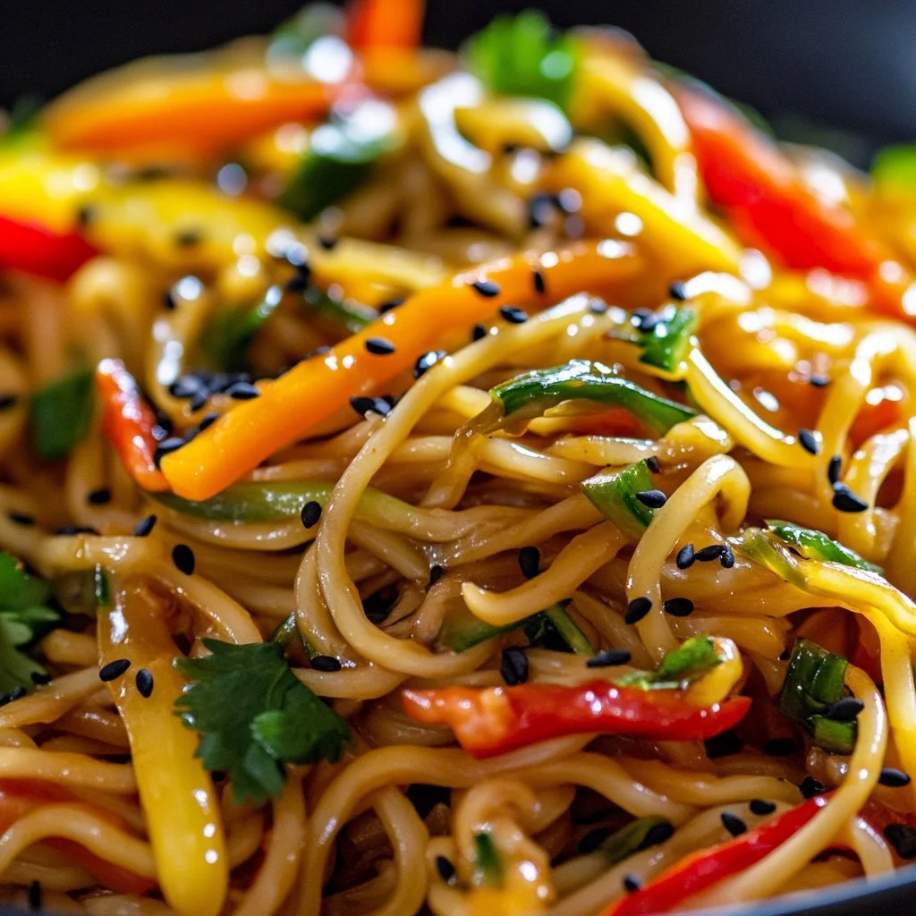 Fideos frescos con setas enoki y pollo en un plato gourmet