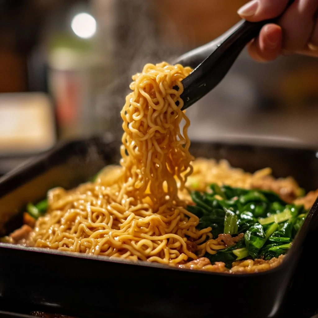 Plato de fideos ramen de res cocinados en una sola sartén