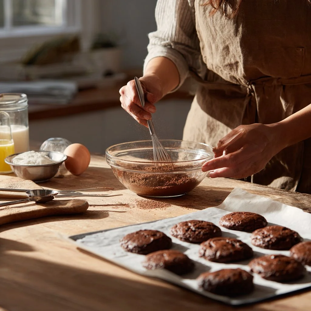 Galletas brownie recién horneadas con chispas de chocolate.
