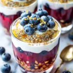 Gelatina Proteica de Yogur Griego Con Arándanos y Crujiente de Semillas Doradas