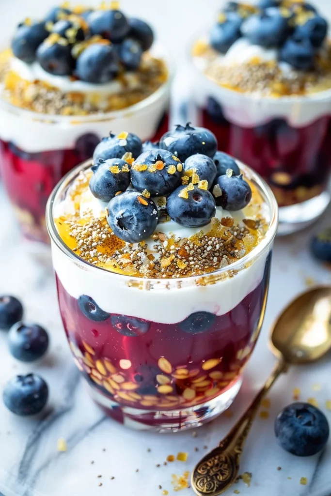 Gelatina Proteica de Yogur Griego Con Arándanos: ¡Delicia Crujiente y Nutritiva!