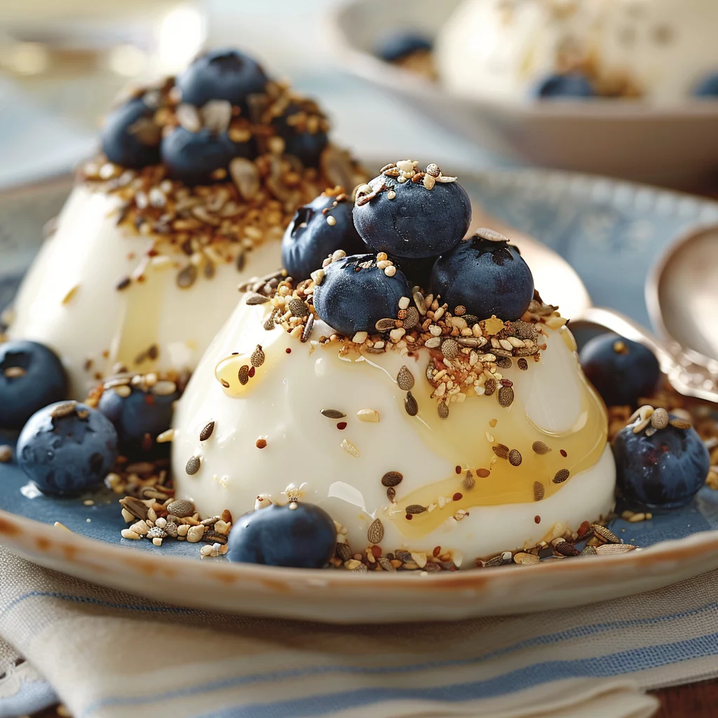 Gelatina Proteica de Yogur Griego Con Arándanos y Crujiente de Semillas Doradas