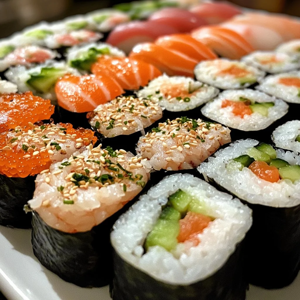 Tazón de sushi japonés con diferentes variedades de sushi y sashimi.