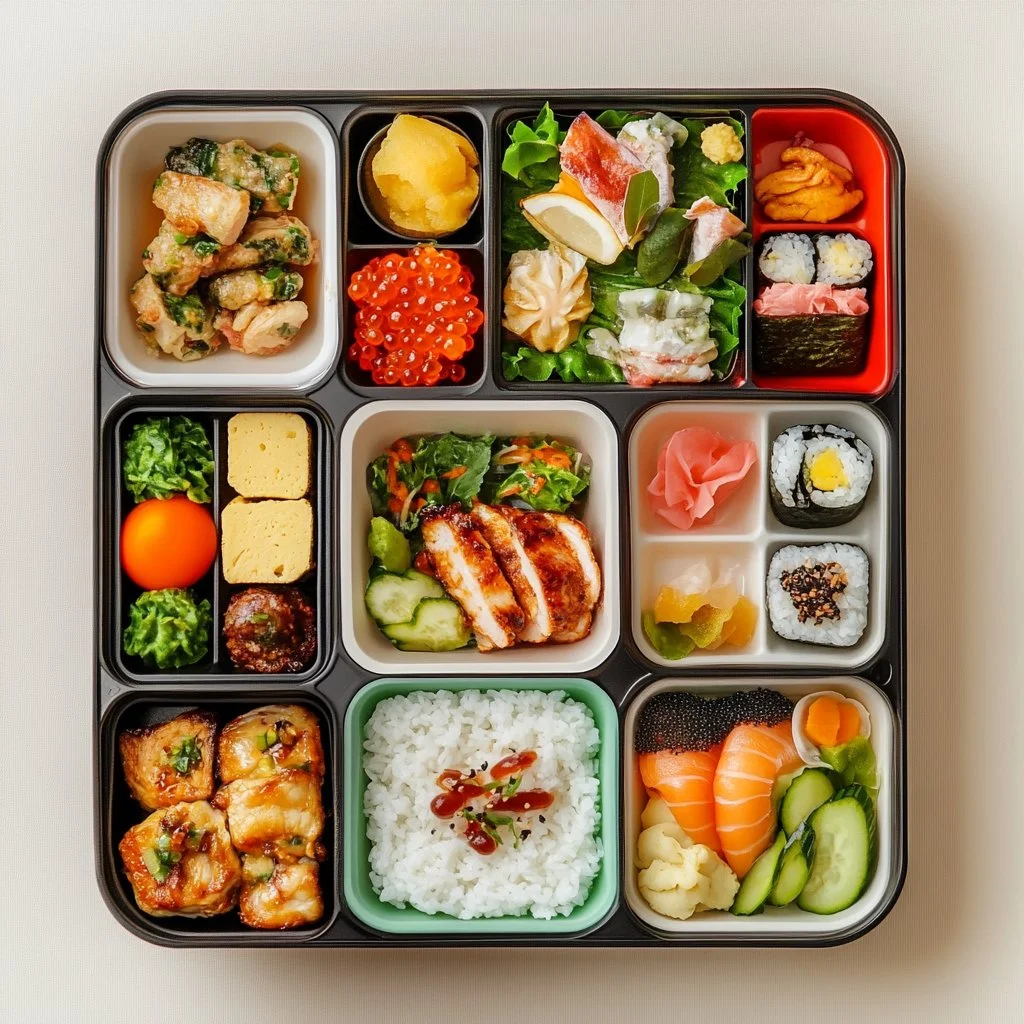 Bento casero con variedad de alimentos japoneses como sushi y frutas.