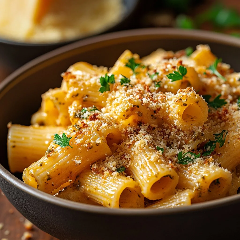 Horneado de pasta con pollo y pesto cremoso en un plato atractivo.