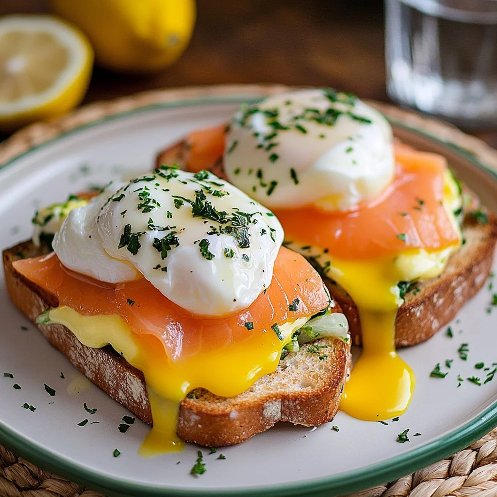 Plato de huevos benedictinos con salsa holandesa y jamón sobre pan tostado.