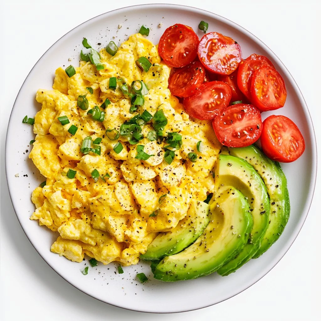 Plato de huevos revueltos con aguacate y tomate fresco