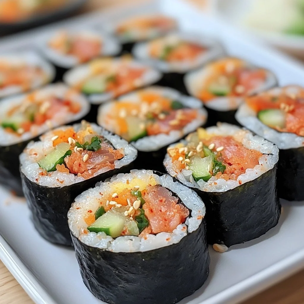 Kimbap de Atún Picante listo para servir, una deliciosa receta coreana.
