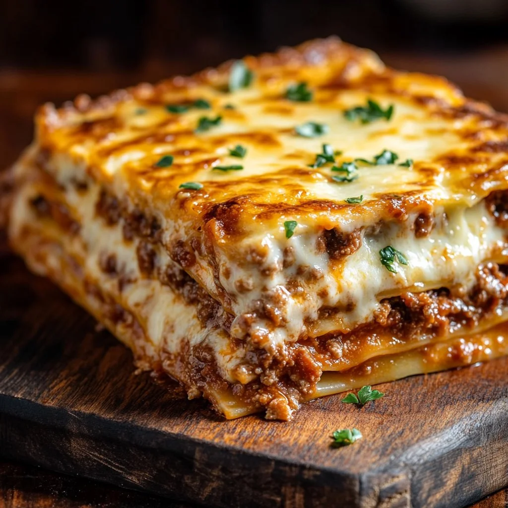 Lasagna Celestial de la Mujer Pionera, un plato tradicional lleno de sabor.
