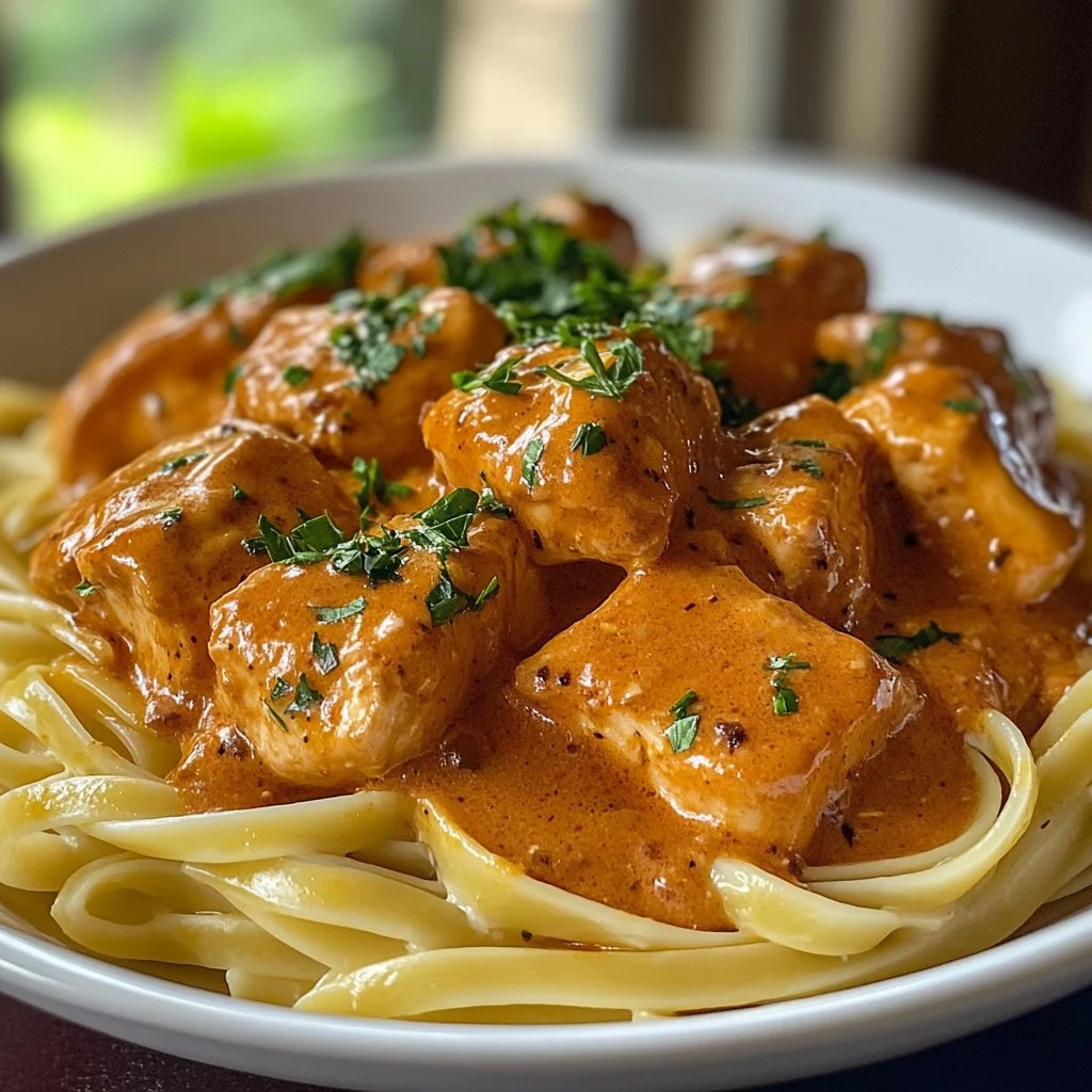 Mantequilla de pollo Cowboy fácil con linguini en un plato atractivo