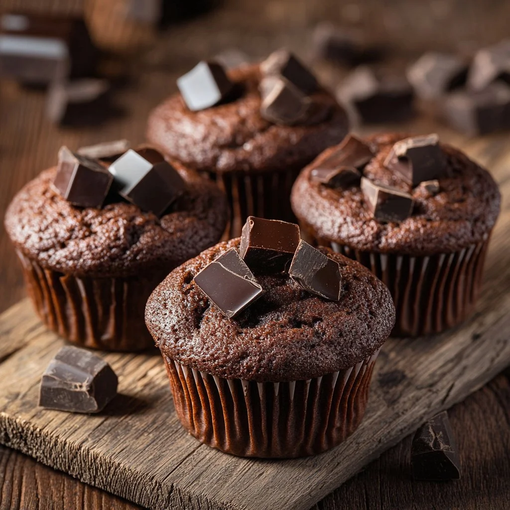 Muffins de chocolate jugosos recién horneados sobre una mesa de cocina