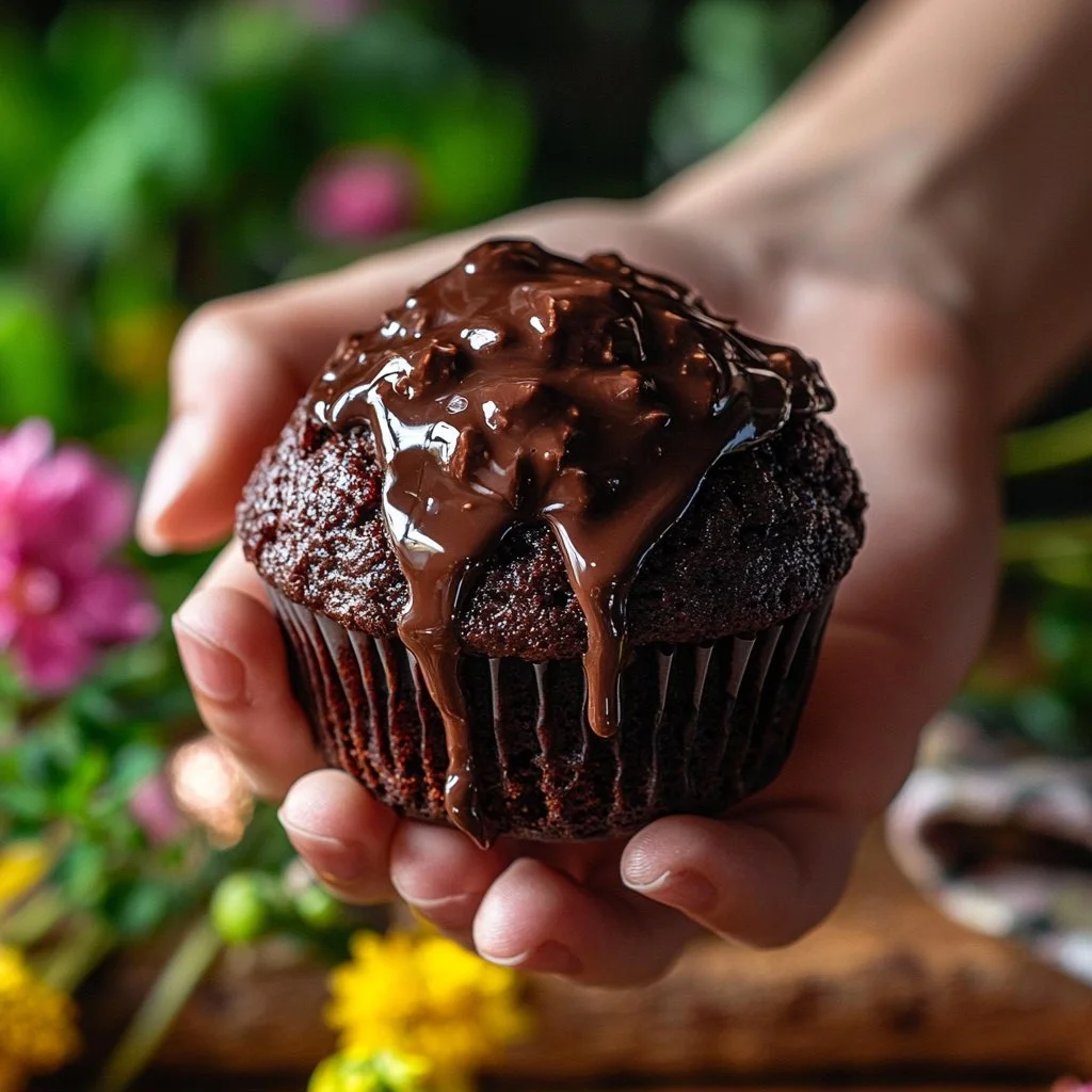 Muffins de doble chocolate recién horneados con trozos de chocolate oscuro