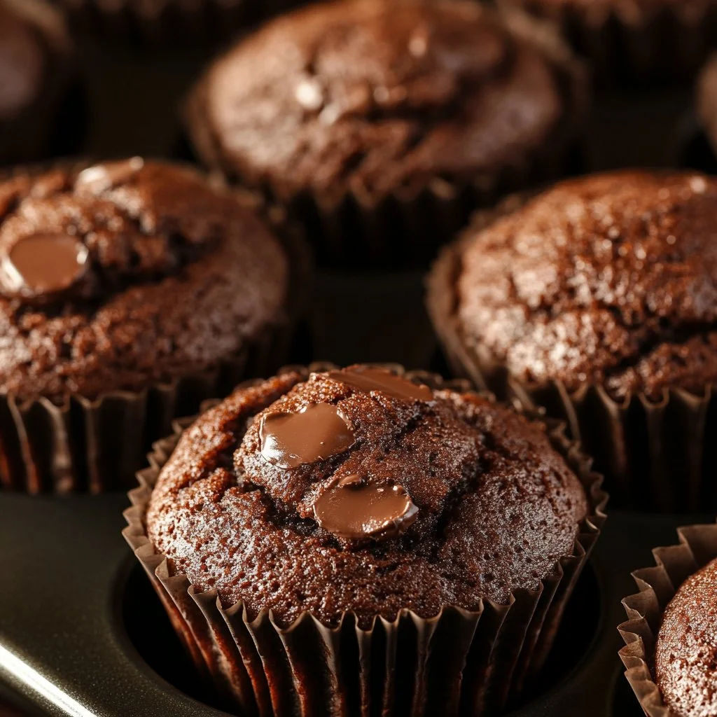 Muffins de doble chocolate recién horneados al estilo de panadería